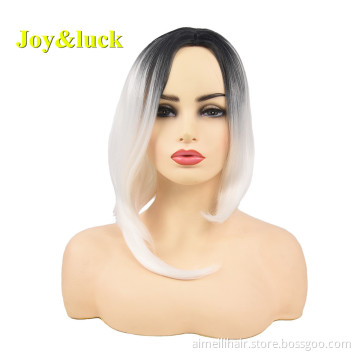 Wholesale Prices for Women Party Cosplay Scalp Wig Black Ombre White Natural Straight Short Bob Cut Wig Synthetic Hair Wigs